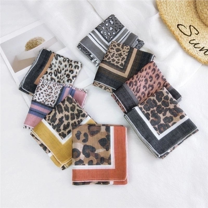 Fashion Leopard Print Cotton Linen Small Square Silk Scarf