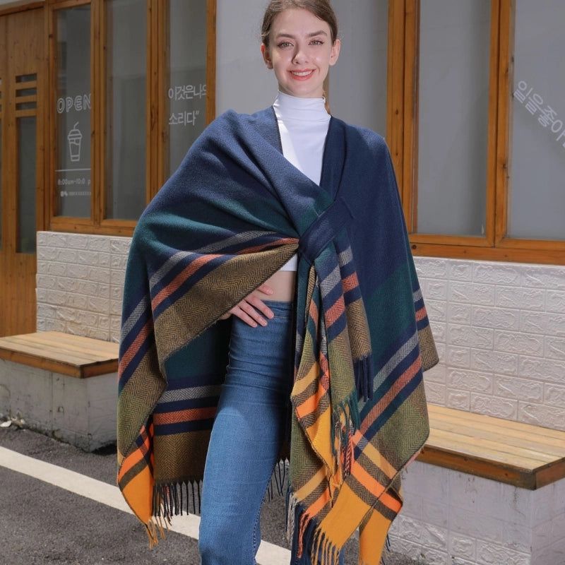 2024 New Color Striped Strap Inverness Women's Jacquard Warm Tassel Cardigan Outer Wear
