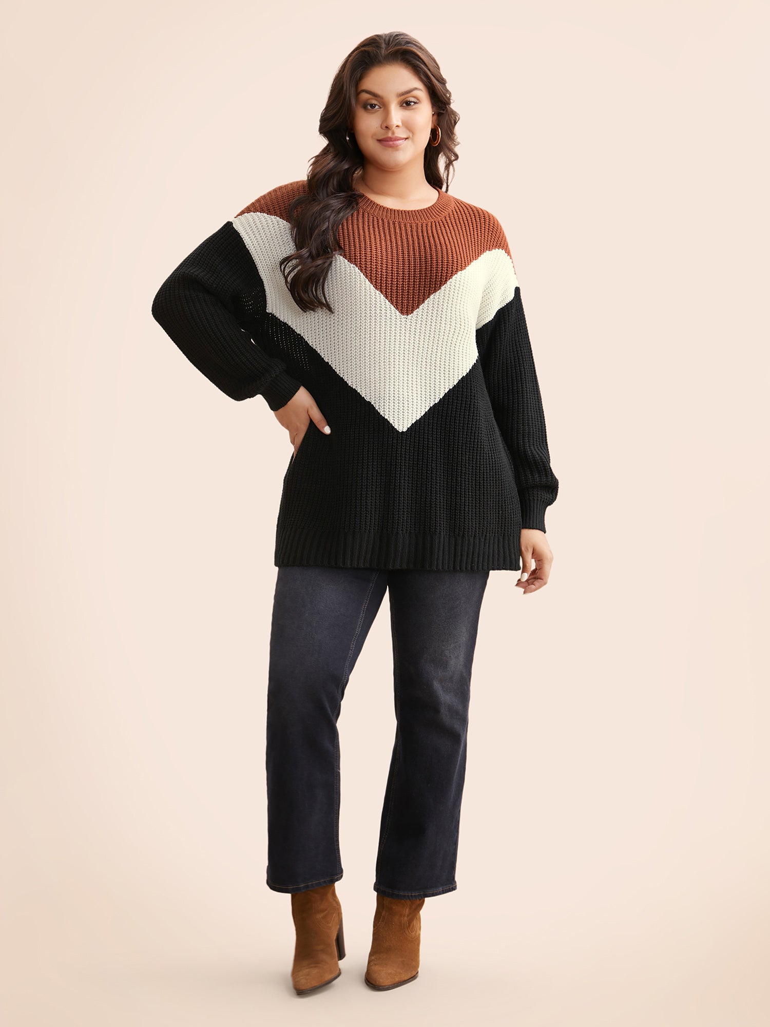 Colorblock Contrast Lantern Sleeve Pullover