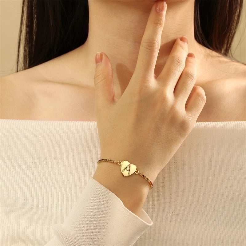 Copper 18K Gold Plated Elegant Romantic Sweet Letter Heart Shape Inlay Zircon Bracelets