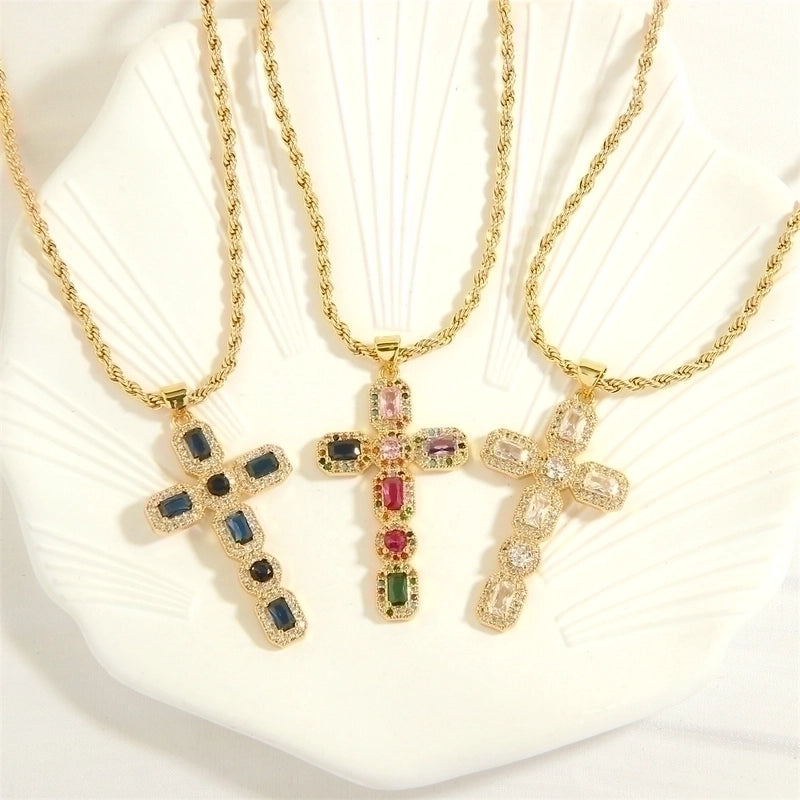 Minimalist Cross Heart Shape Copper 18k Gold Plated Zircon Pendant Necklace In Bulk