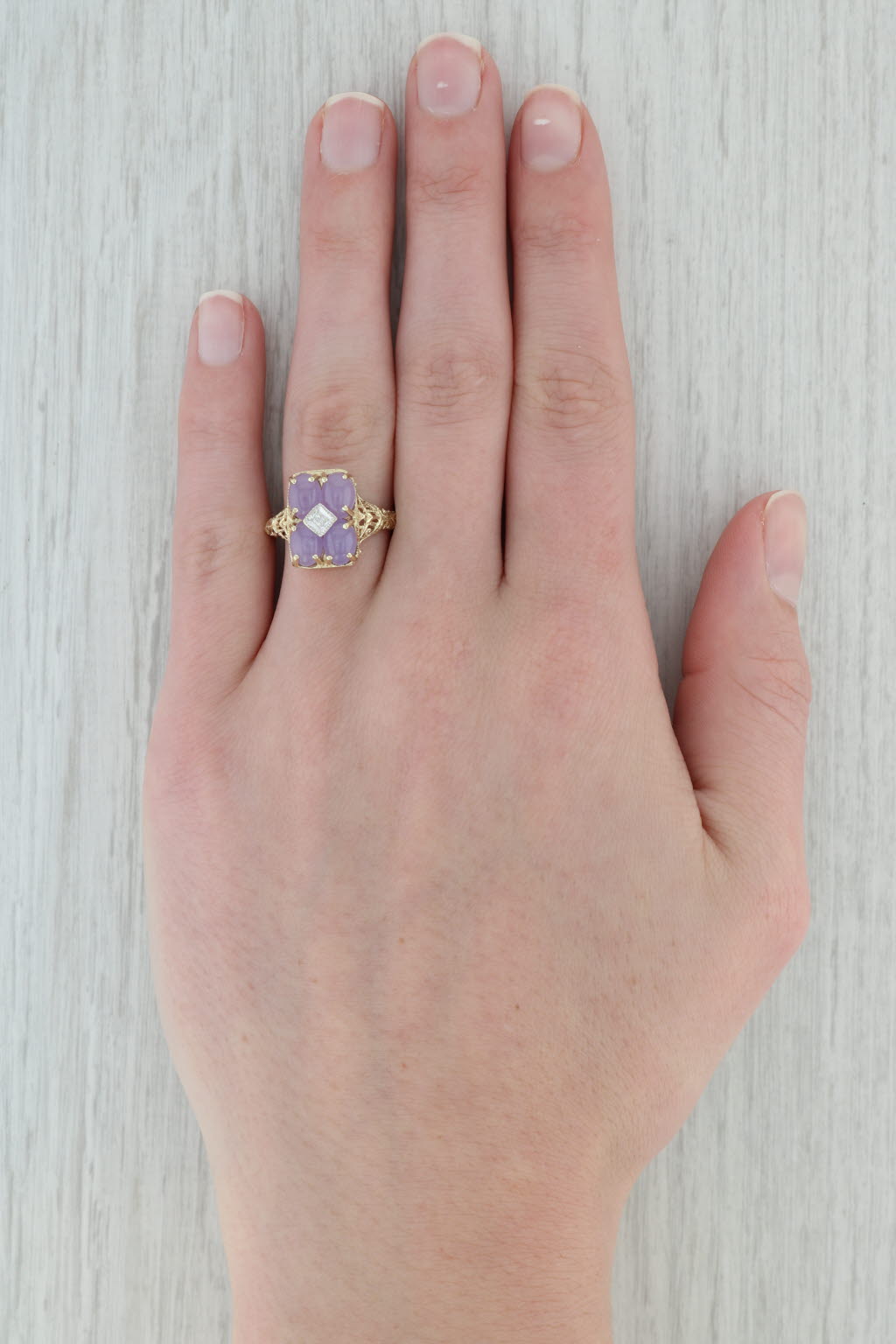 Lavender Jadeite Jade Diamond Filigree Ring 14k Yellow Gold Size 8