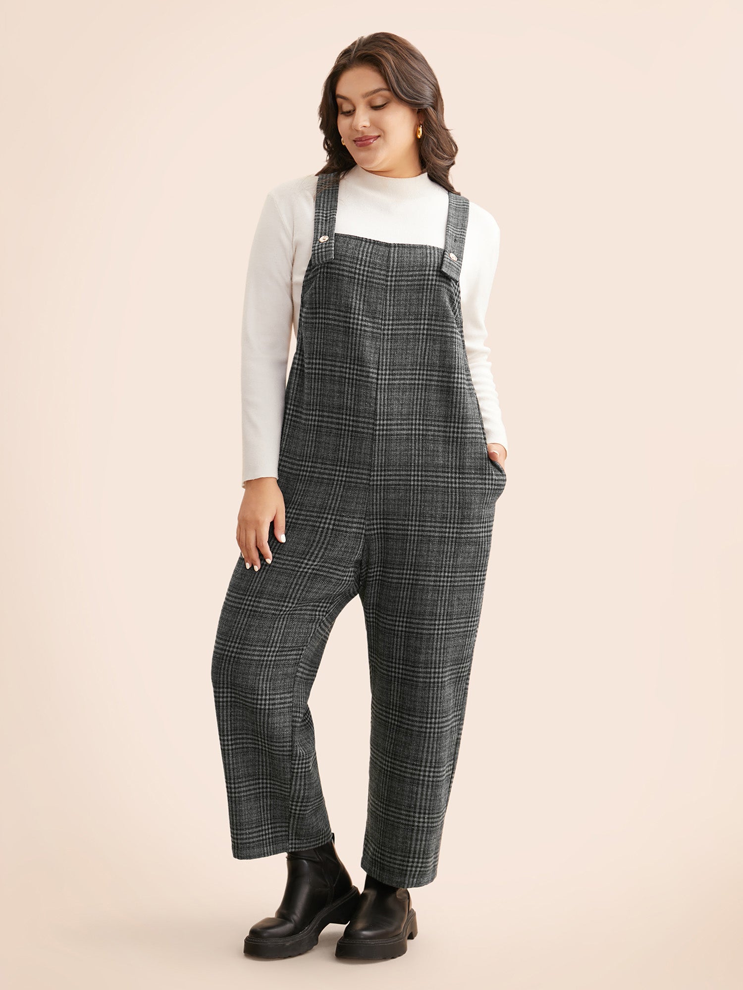 Plaid Adjustable Straps Pocket Jumpsuit