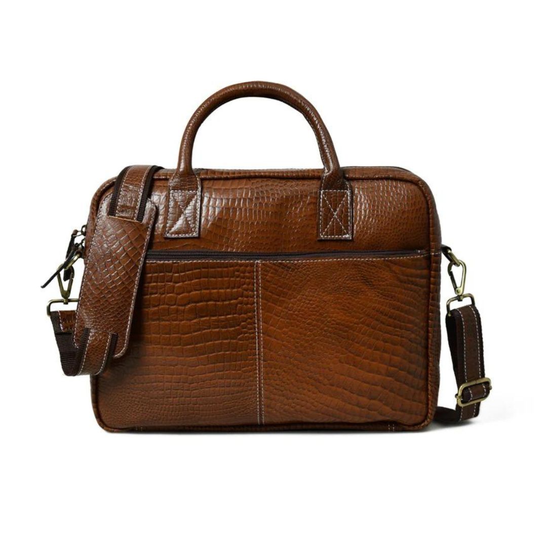 Laurent Slim Leather Briefcase- Brown