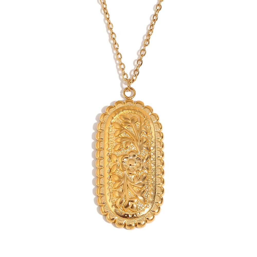 Personalized Ring Stainless Steel 18K Gold Plated Retro Sawtooth Flower Oval Relief Necklace Female