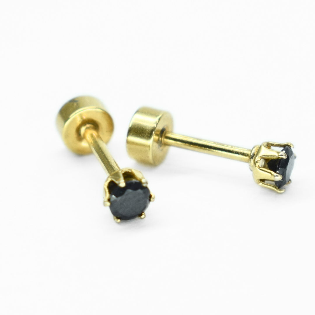 3mm Black diamond studs - Gold