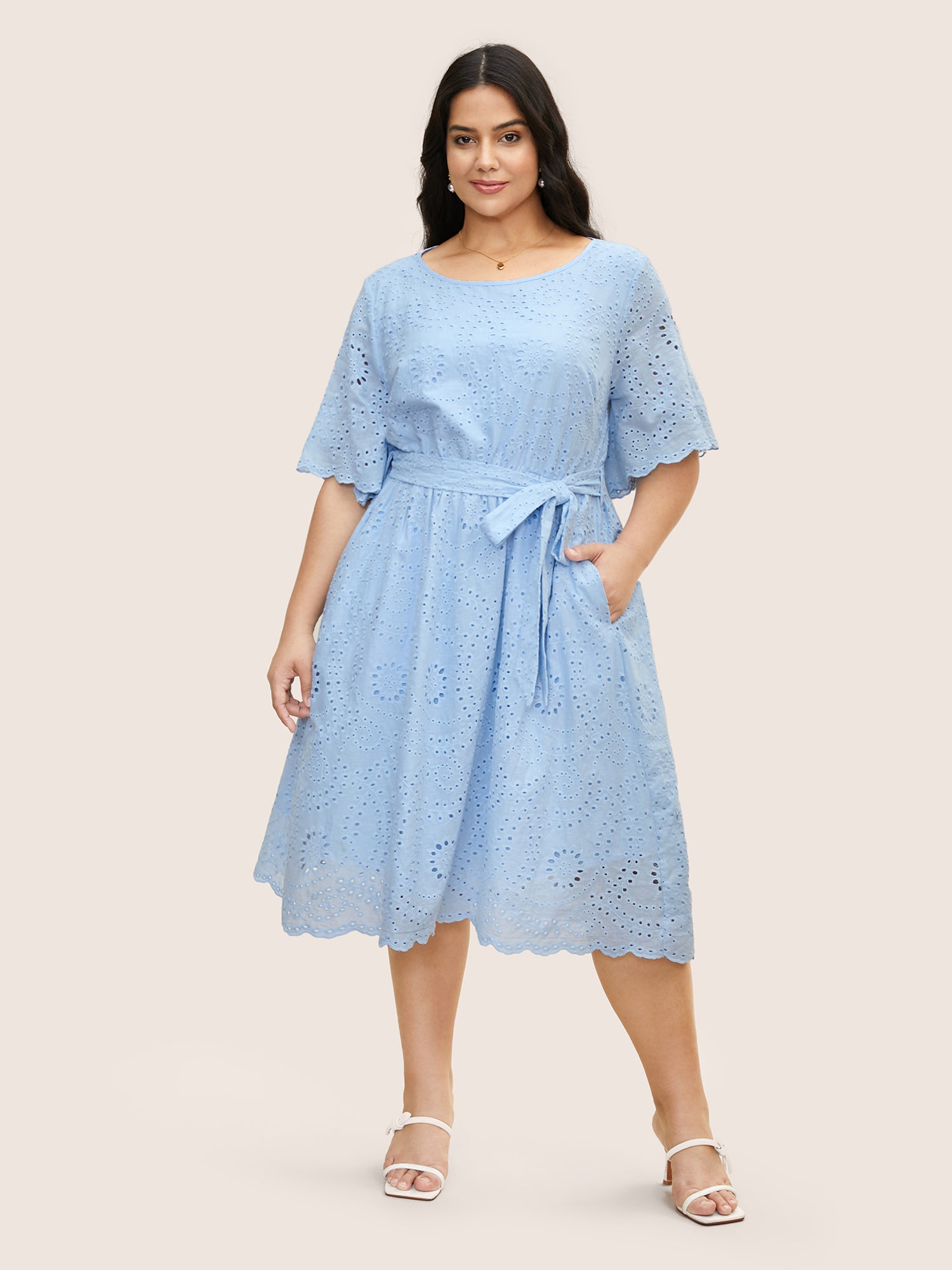 Broderie Anglaise Ruffle Sleeve Ties Dress