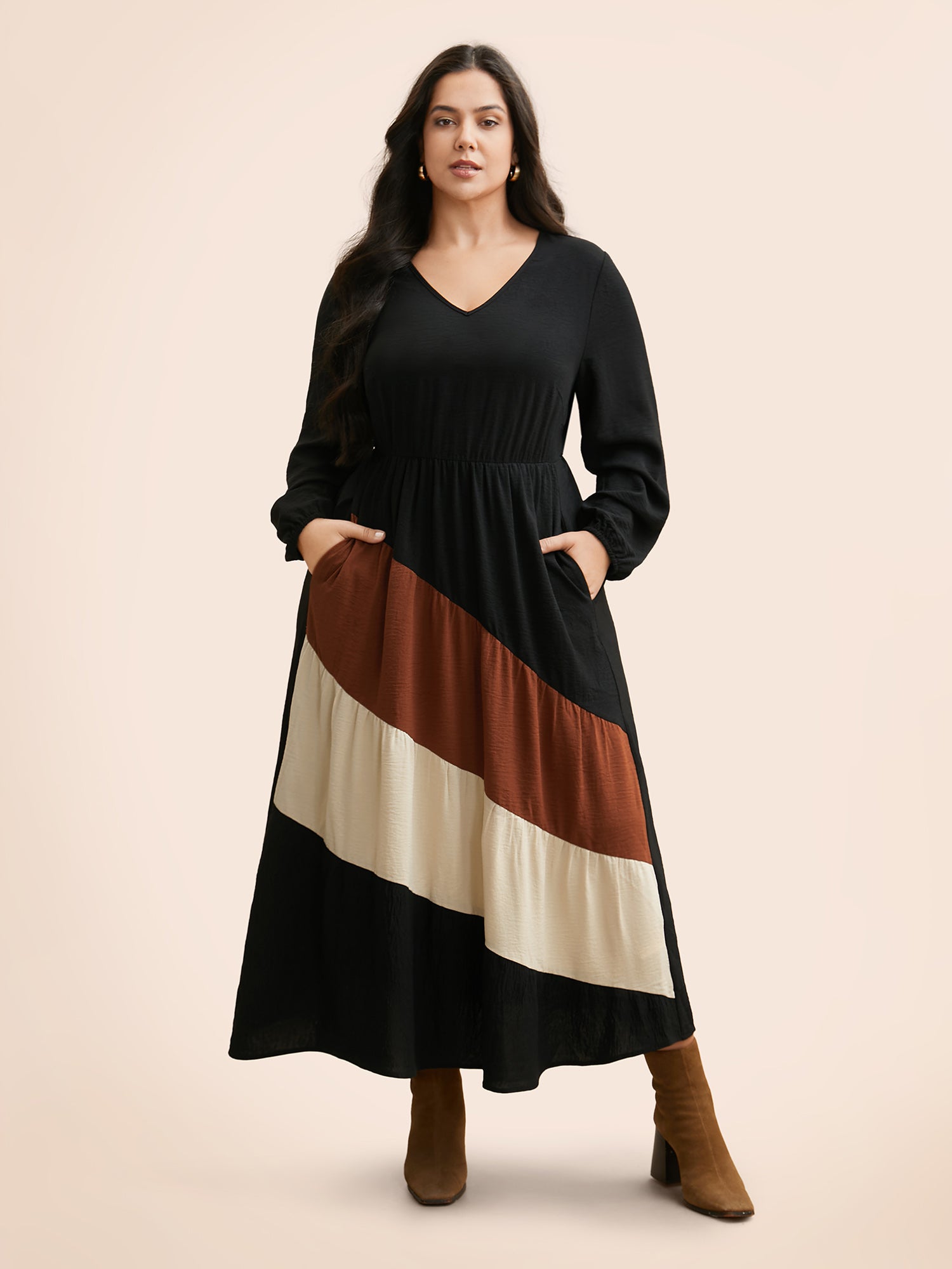 Colorblock Contrast Gathered Lantern Sleeve Dress