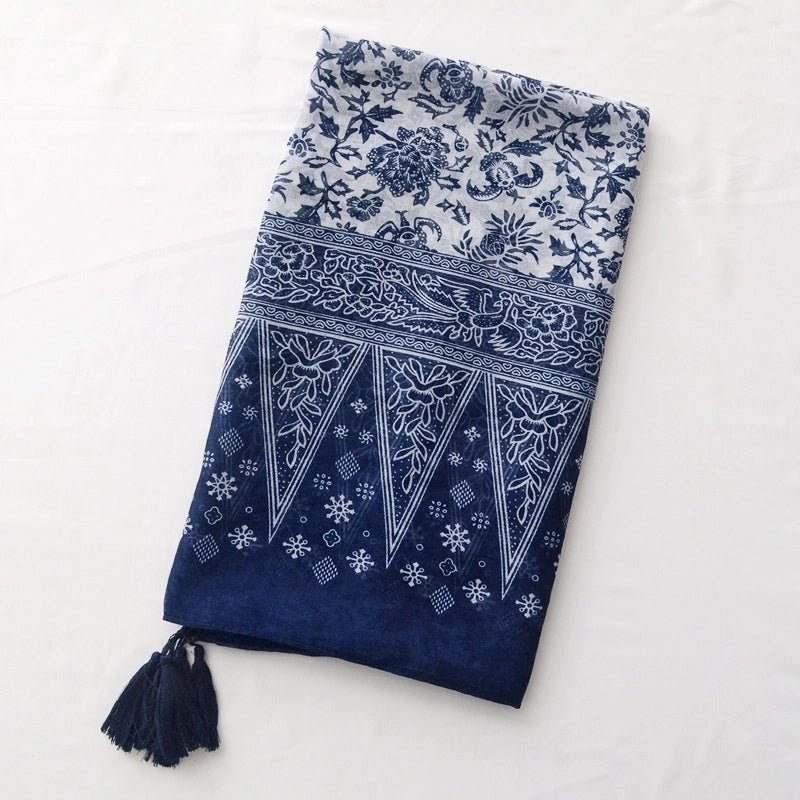 Women's Retro Ethnic Style Printing Cotton Tassel Scarf