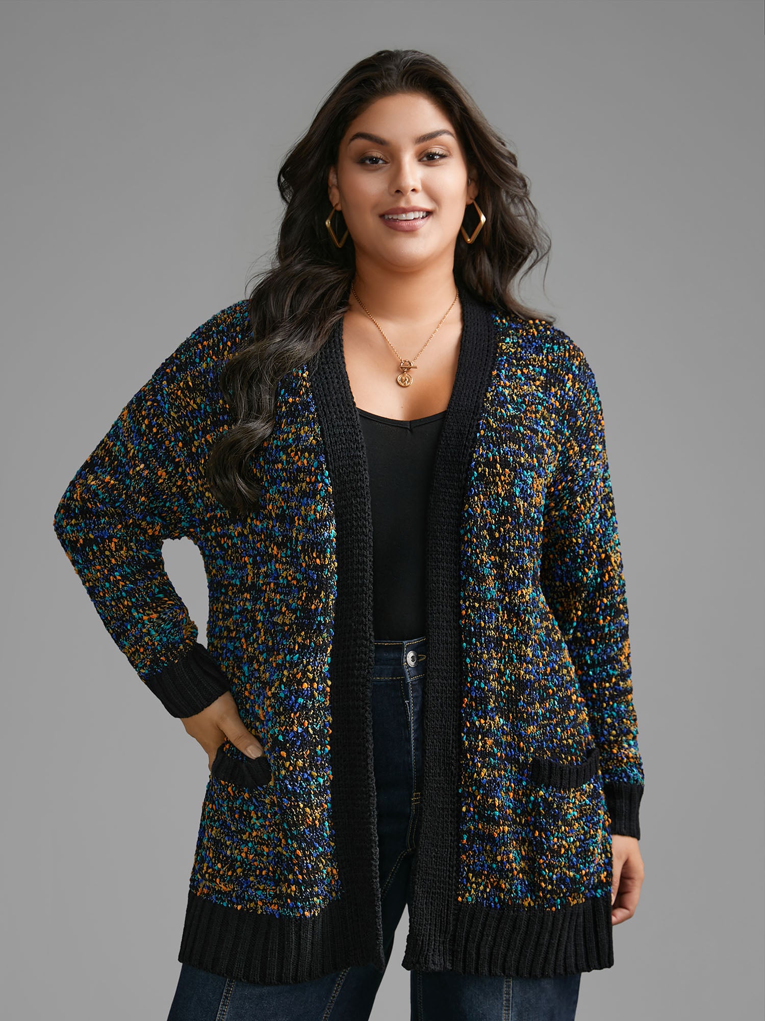 Twinkling Lights Contrast Hem Pockets Cardigan