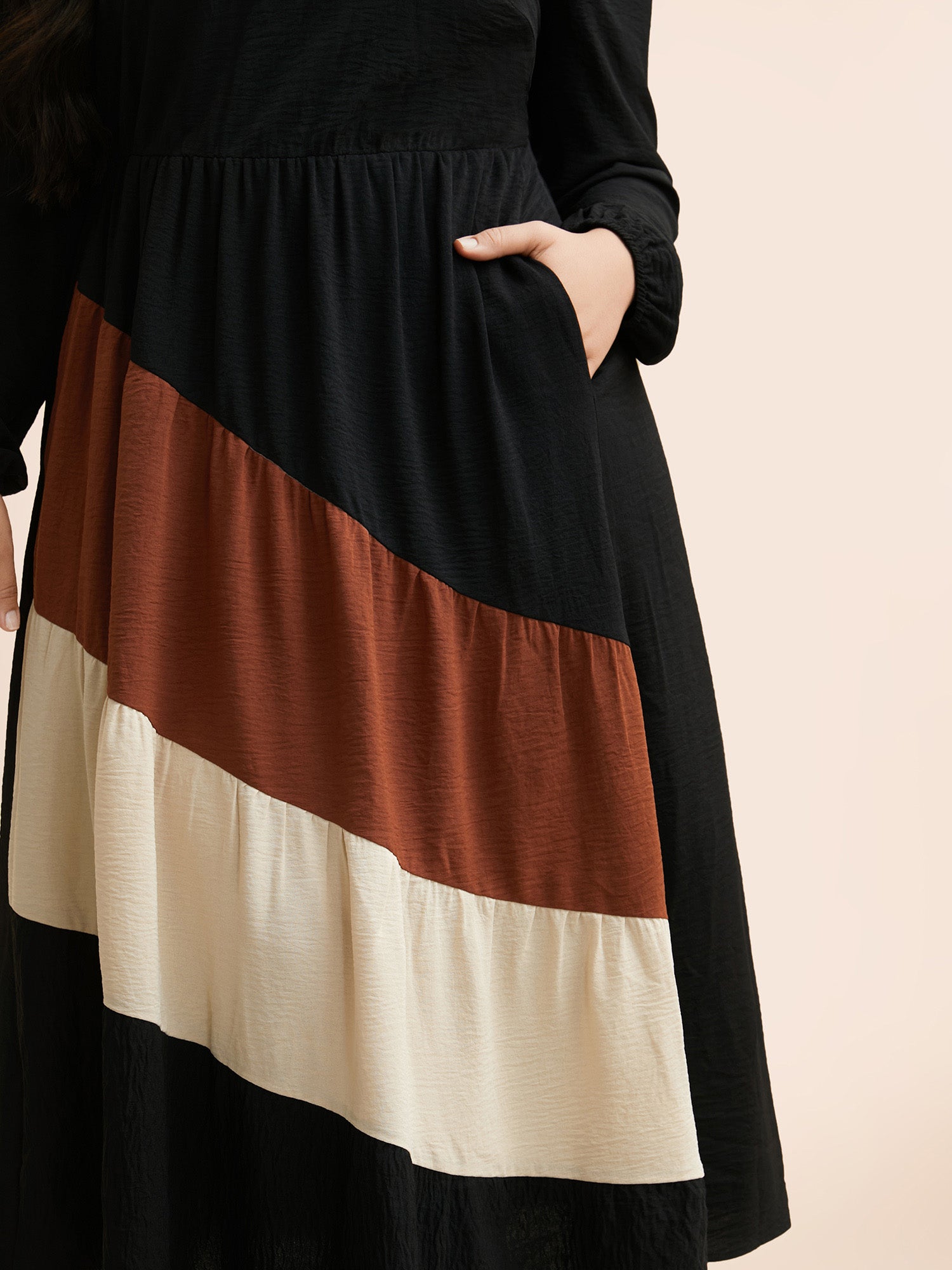 Colorblock Contrast Gathered Lantern Sleeve Dress
