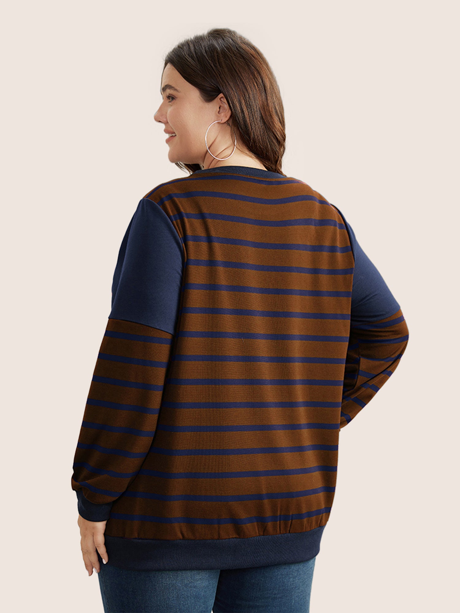 Striped Patchwork Button Detail Sweatshirt