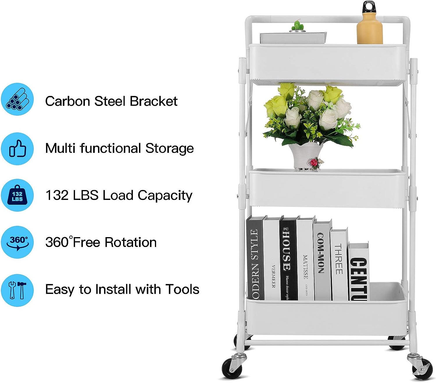 Foldable 3 Tier Metal Utility Rolling Cart. Folding Mobile Multi-Function Storage Trolley Organizer Cart (White)