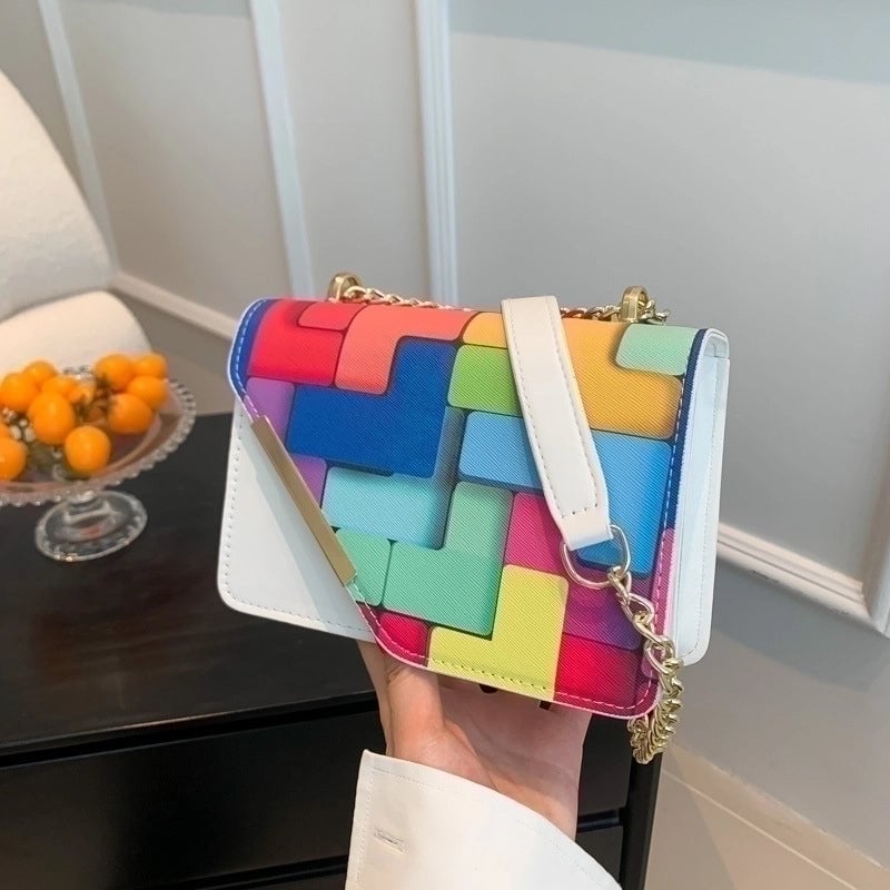 Women's Small Pu Leather Color Block Streetwear Square Magnetic Buckle Shoulder Bag Crossbody Bag