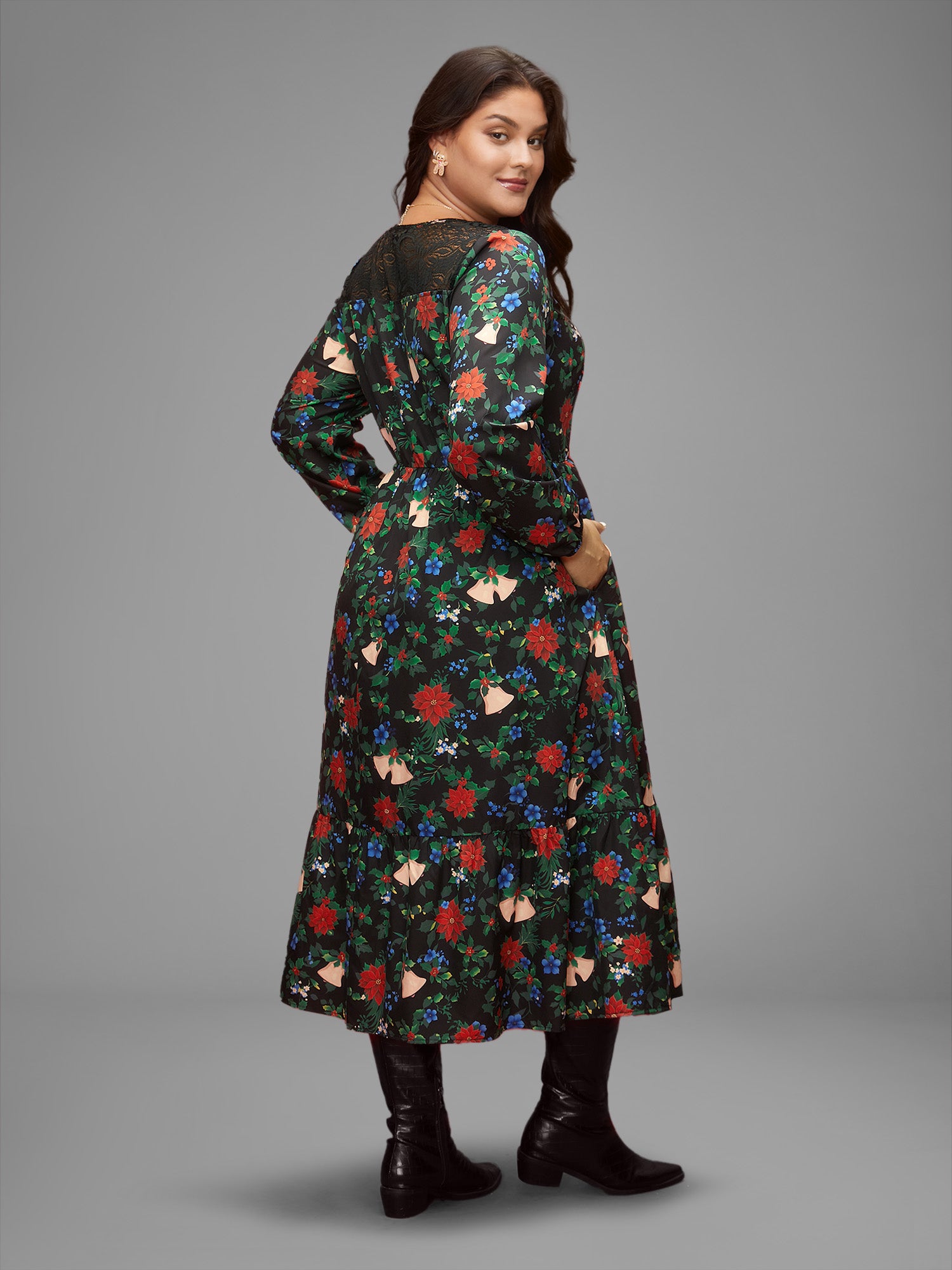 Floral Lace Surplice Neckline Midi Dress