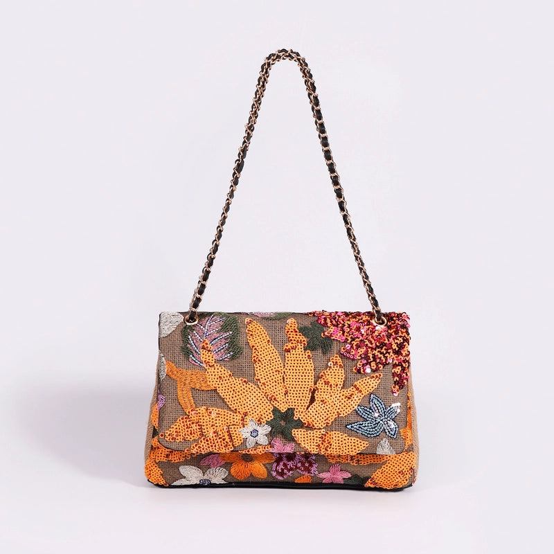 10 Pieces Women's Large Hemp Material Flower Elegant Sequins Square Flip Cover Crossbody Bag