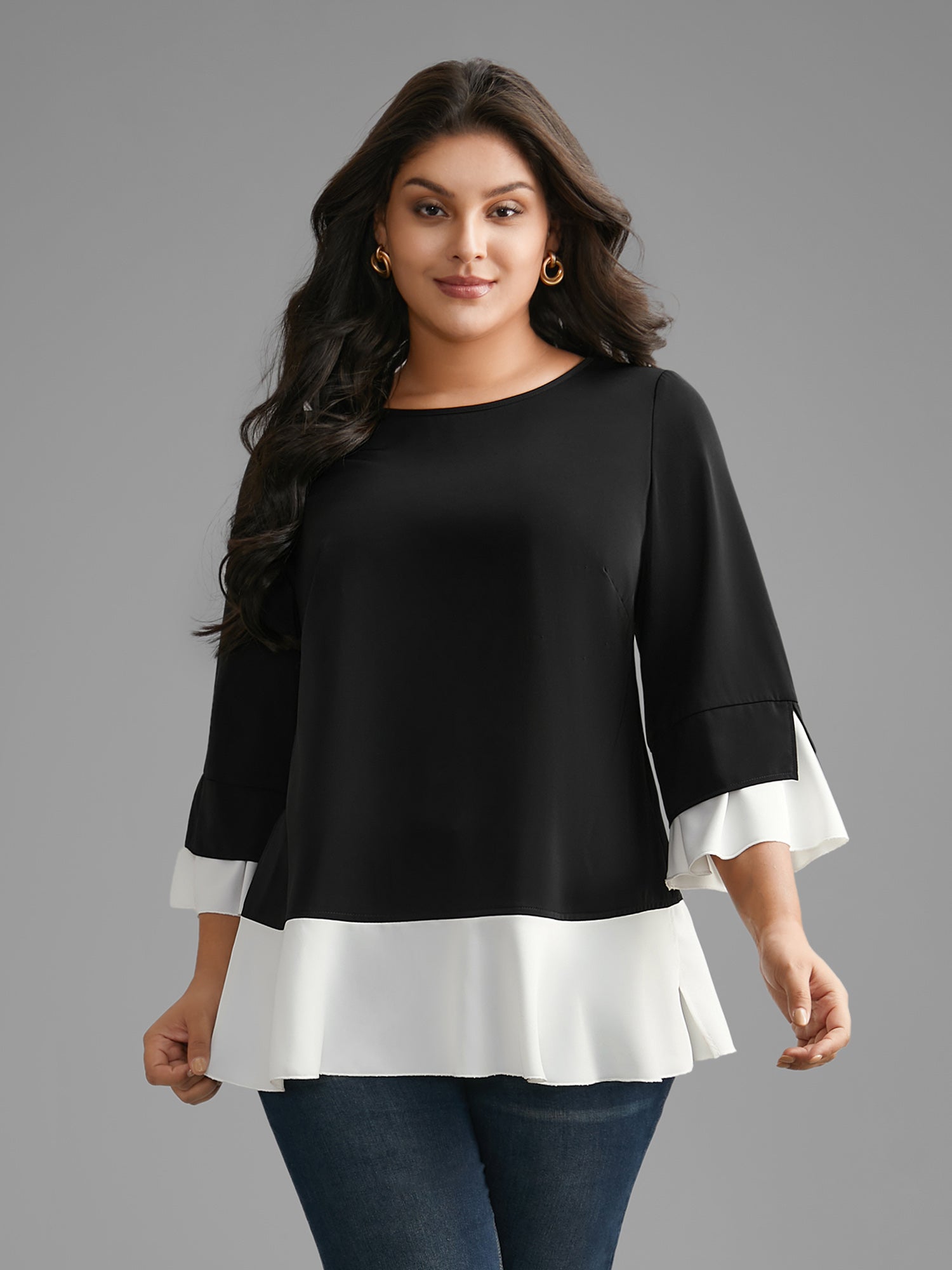 Contrast Patchwork Bell Sleeve Blouse