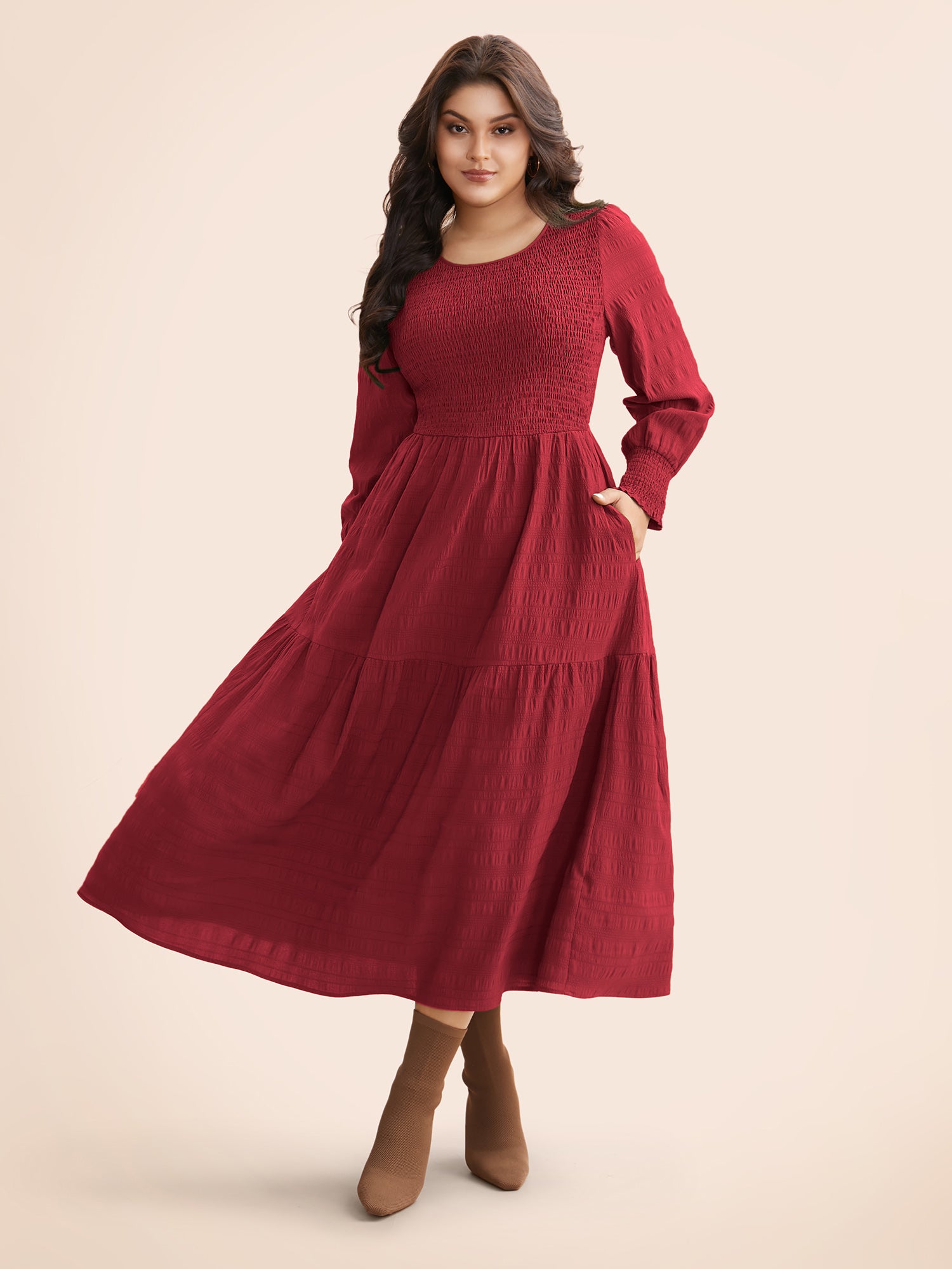 Plain Textured Shirred Midi Dress