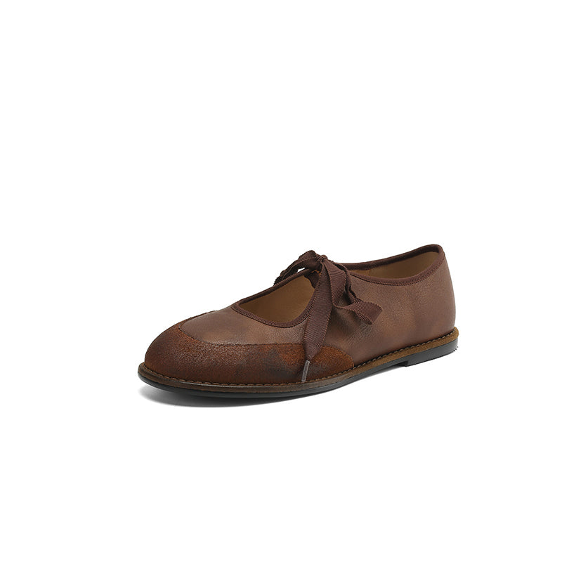 Classic Leather Mary Jane Flats for Women Lace-Up Comfort Shoes in Black/Brown