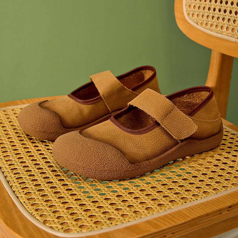 Soft Leather Mary Jane Shoes Rubber-toe Casual Flats with Velcro Strap in Yellow Brown