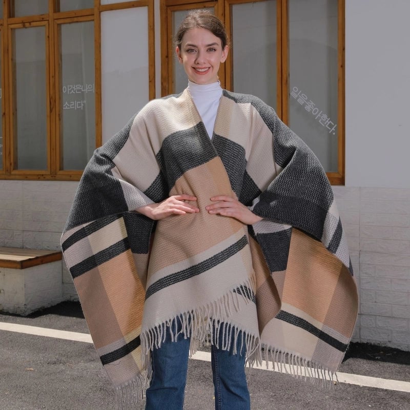 New Tassel Split Shawl Autumn And Winter Women's Simple Plaid Jacquard Scarf Cloak Hot Selling