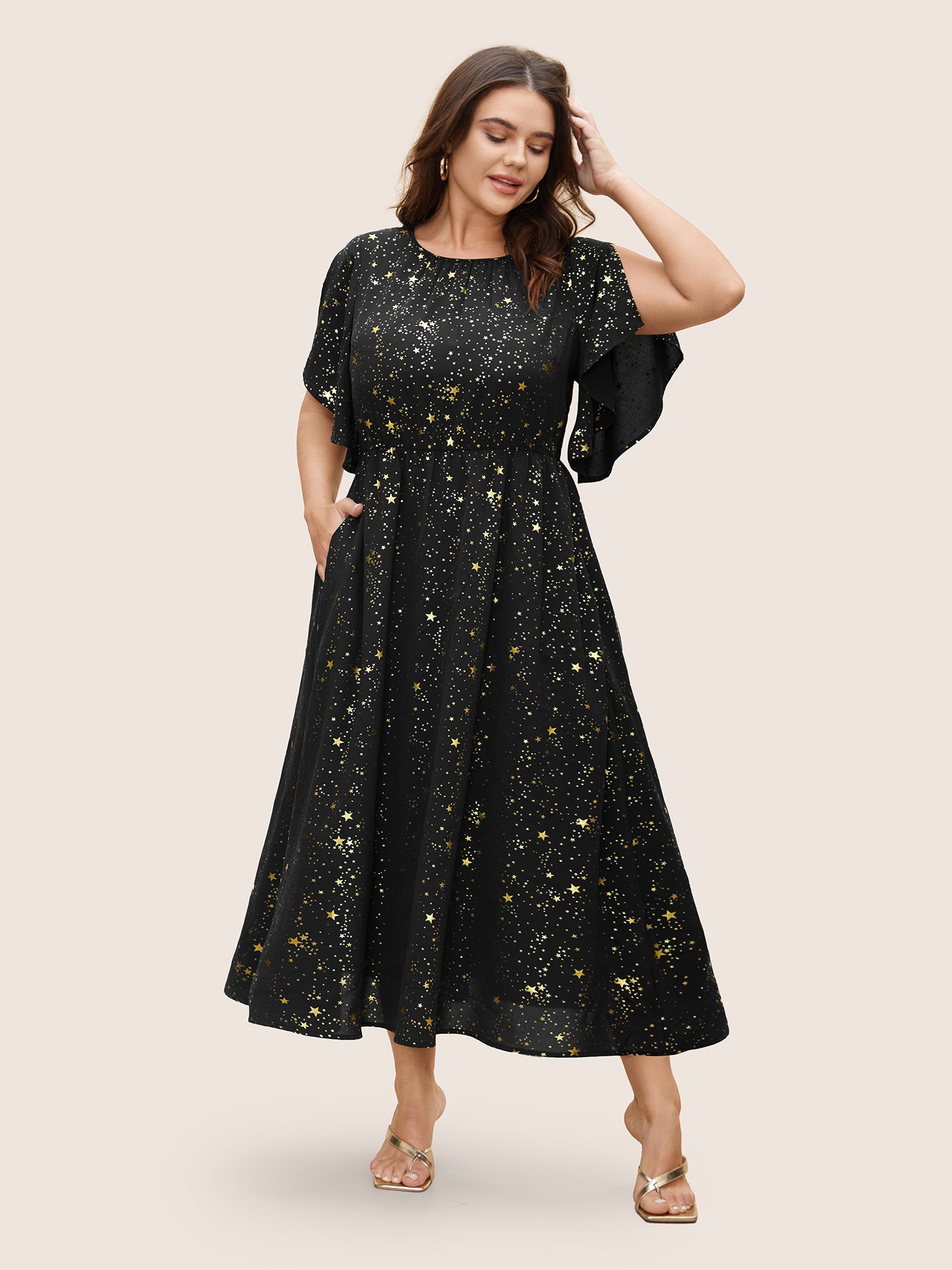 Glitter Star Split Sleeve Midi Dress