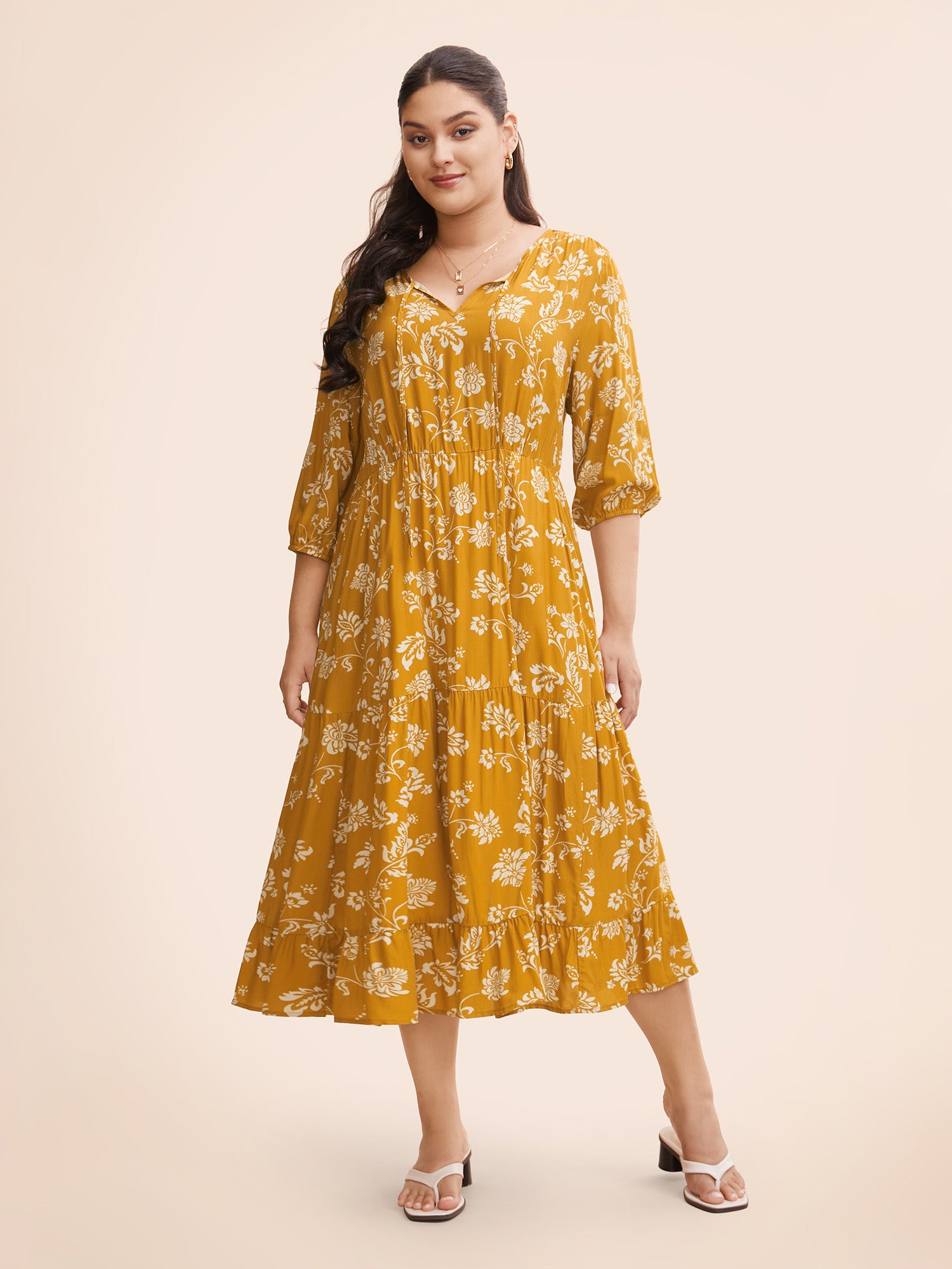 Floral Lantern Sleeve Ruffle Layered Hem Dress