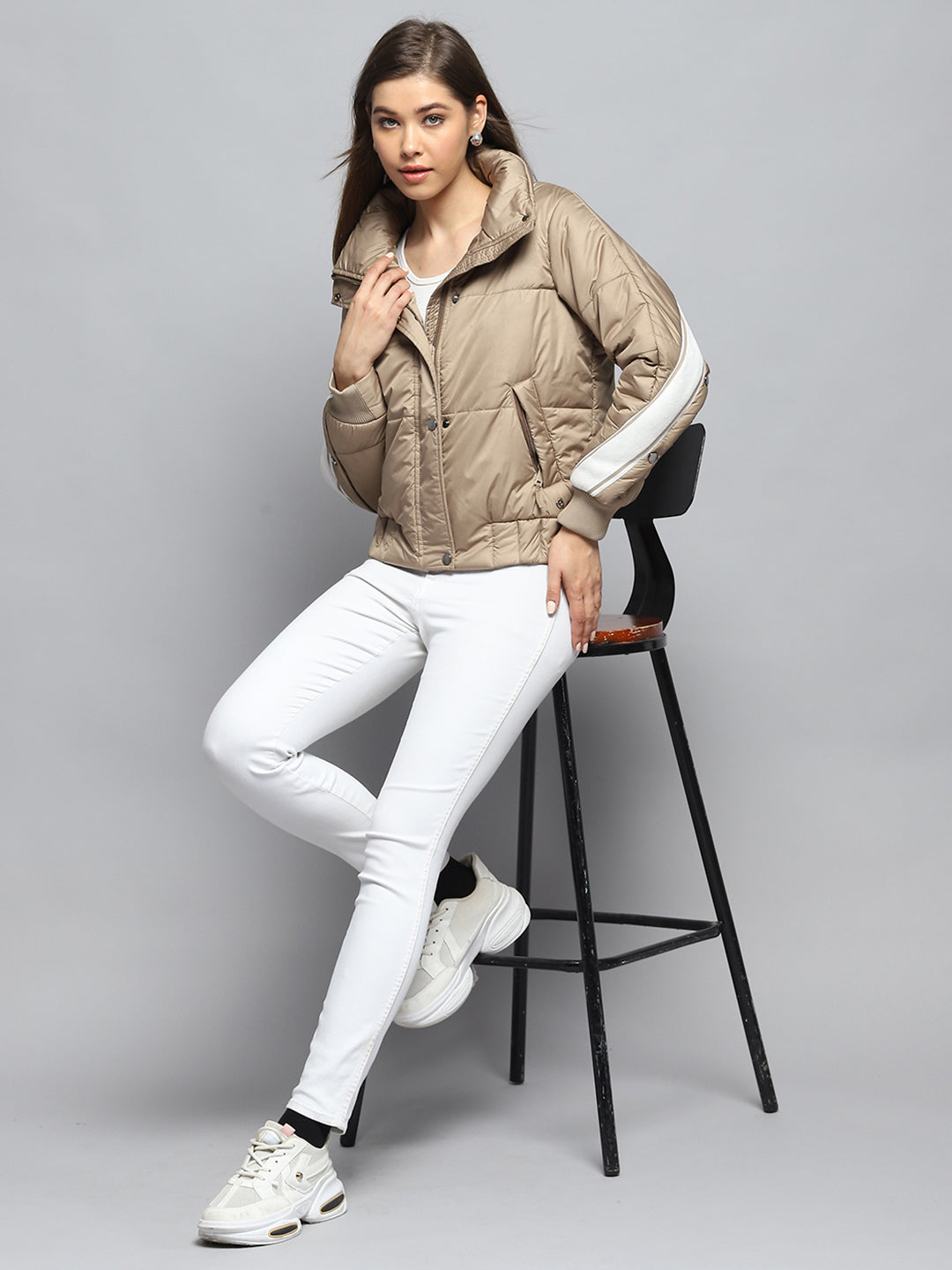 Women Beige Solid Collar Full Sleeve Jacket