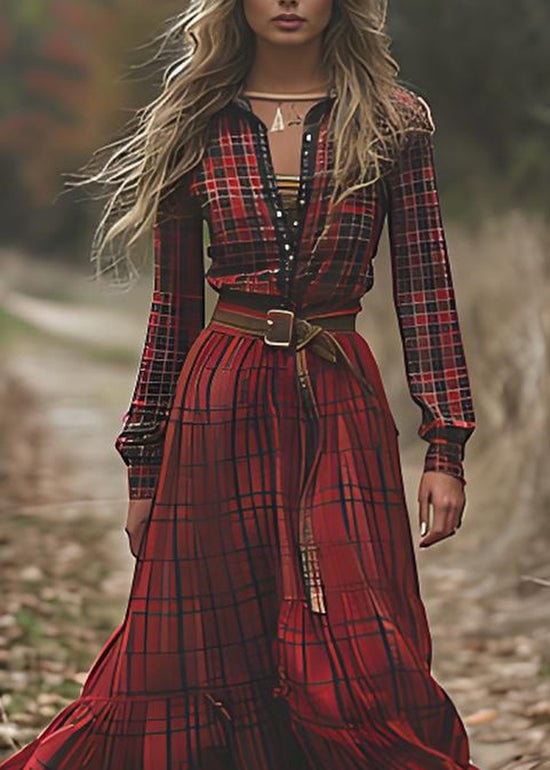 Vintage Red V Neck Plaid Patchwork Cotton Ankle Dress Spring