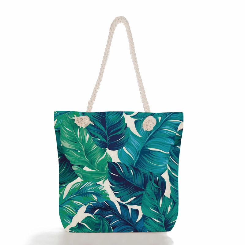 Green Leaf Printed Cotton Rope Bag Large Capacity Shoulder Bag Student Book Tote Bag Printable Logo