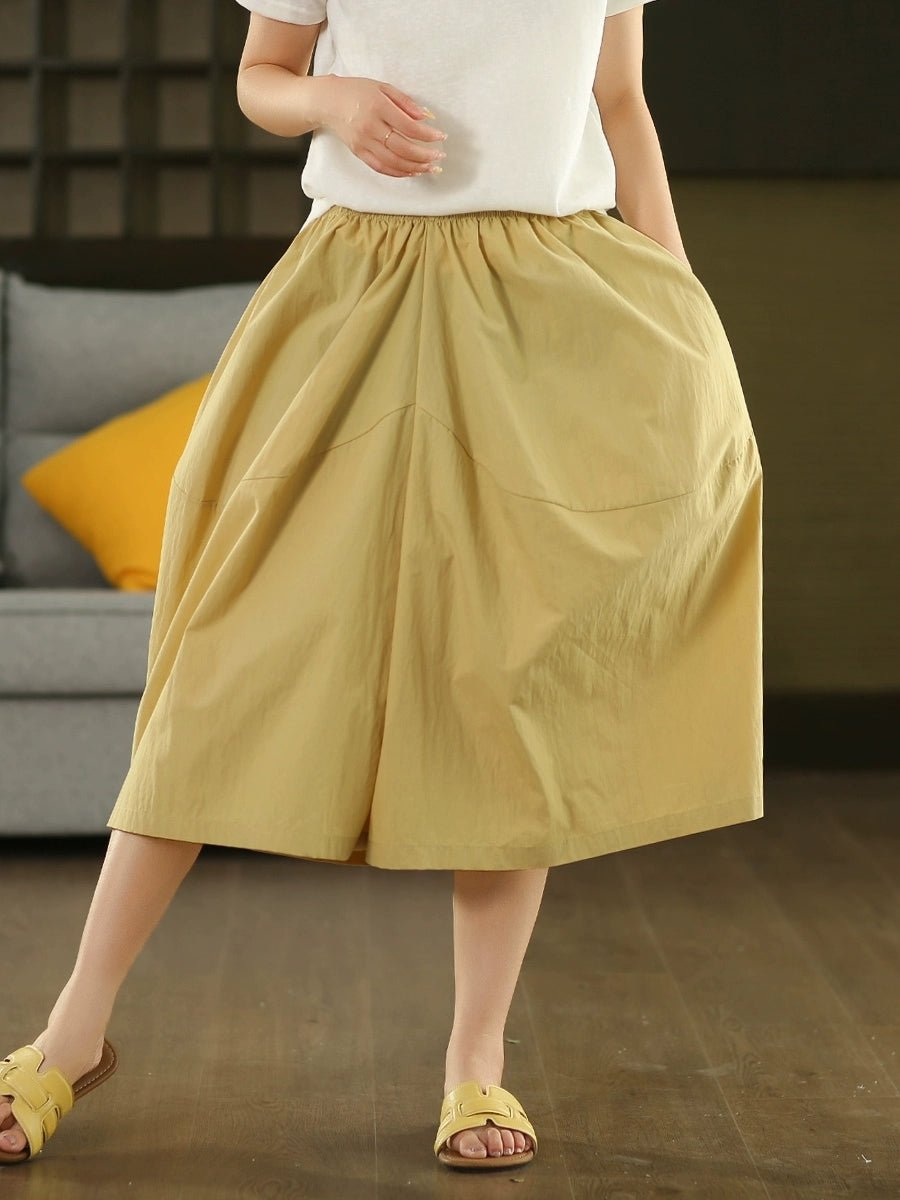 Women Summer Pure Color Cotton Wide-leg Cropped Pants
