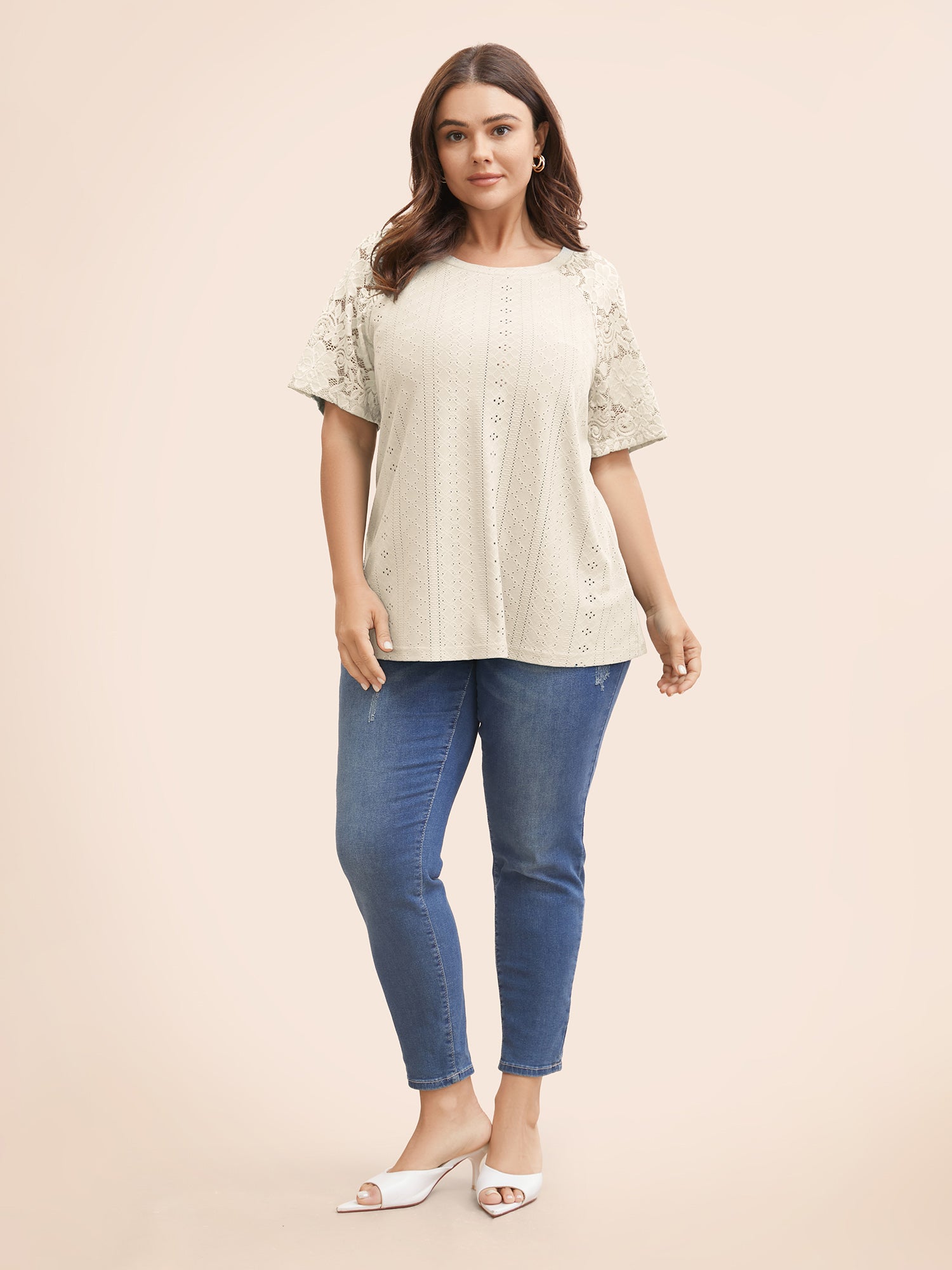 Solid Broderie Anglaise Lace Raglan Sleeve T-shirt