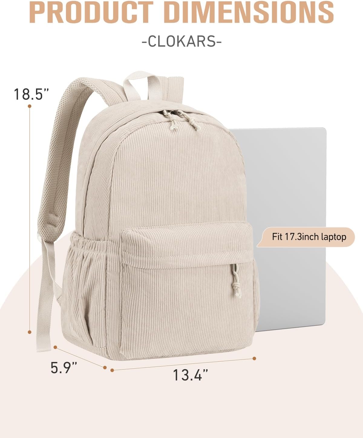 School Backpack for Teens Girls Boys, Large Corduroy College Bookbag Lightweight Backpack Purse for Women Fit for 15.6 Inch Laptop (Beige)