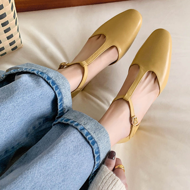 50mm Block Heel Leather T-Strap Mary Jane Summer Shoes in Yellow/White