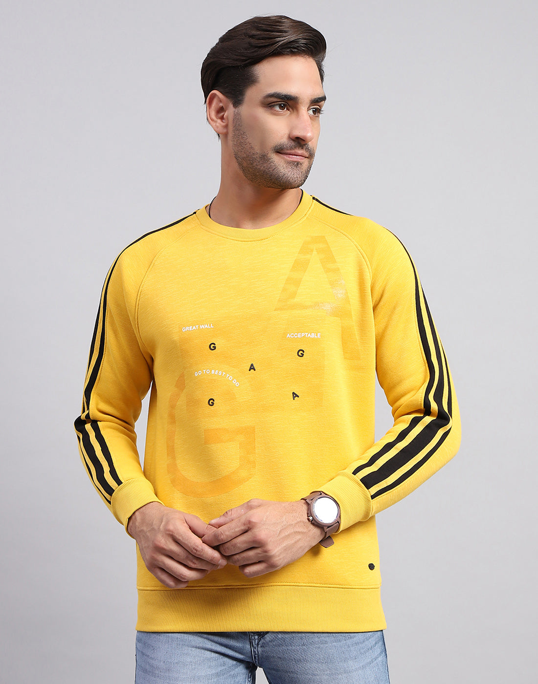 Men Yellow Printed Round Neck Full Sleeve Sweatshirt