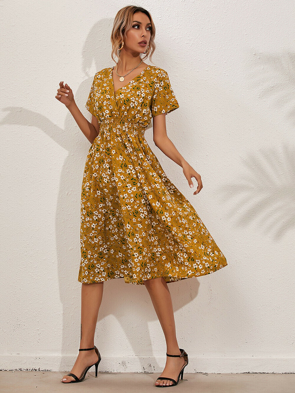 Floral Print Elastic Waist Surplice Front A-line Dress