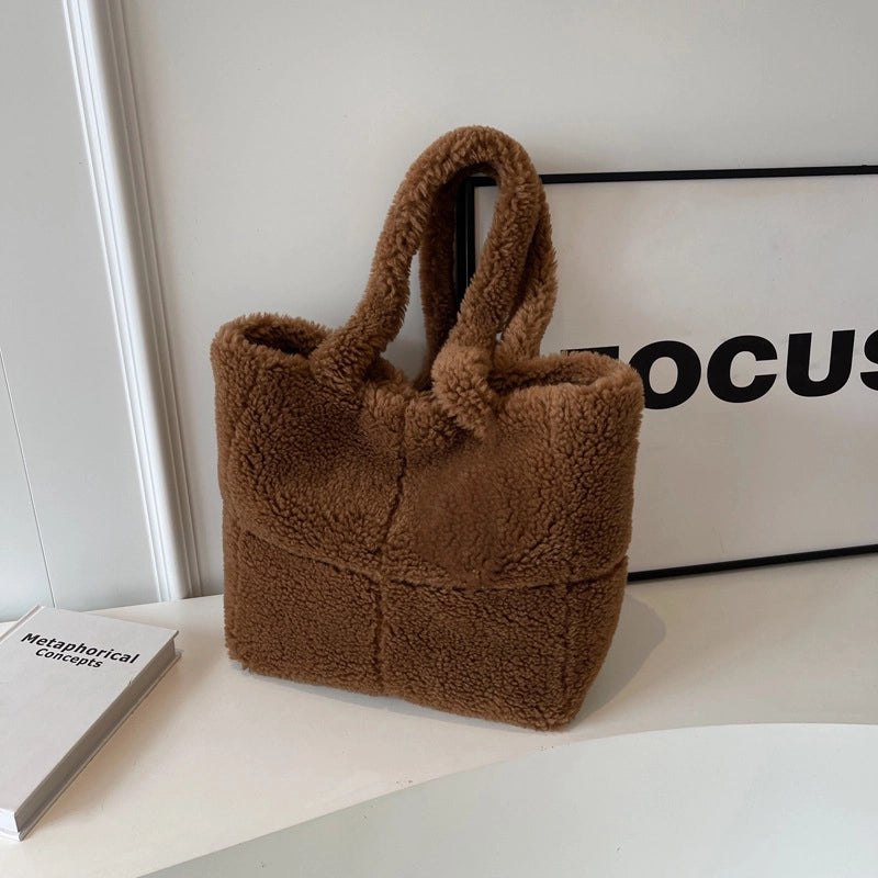 Women's Large Plush Solid Color Streetwear Bucket Magnetic Buckle Tote Bag