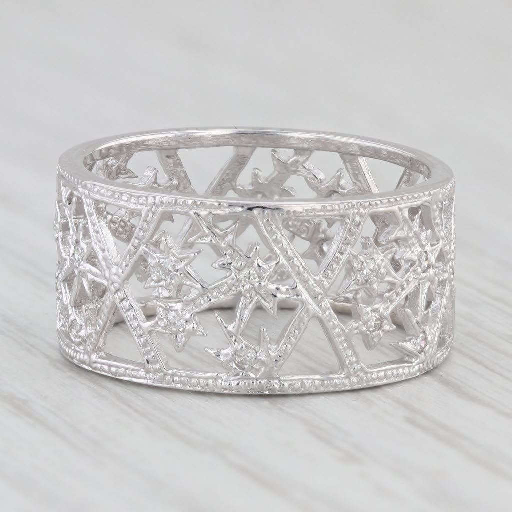 0.12ctw Diamond Stars Openwork Ring 14k White Gold Size 7.75 Band