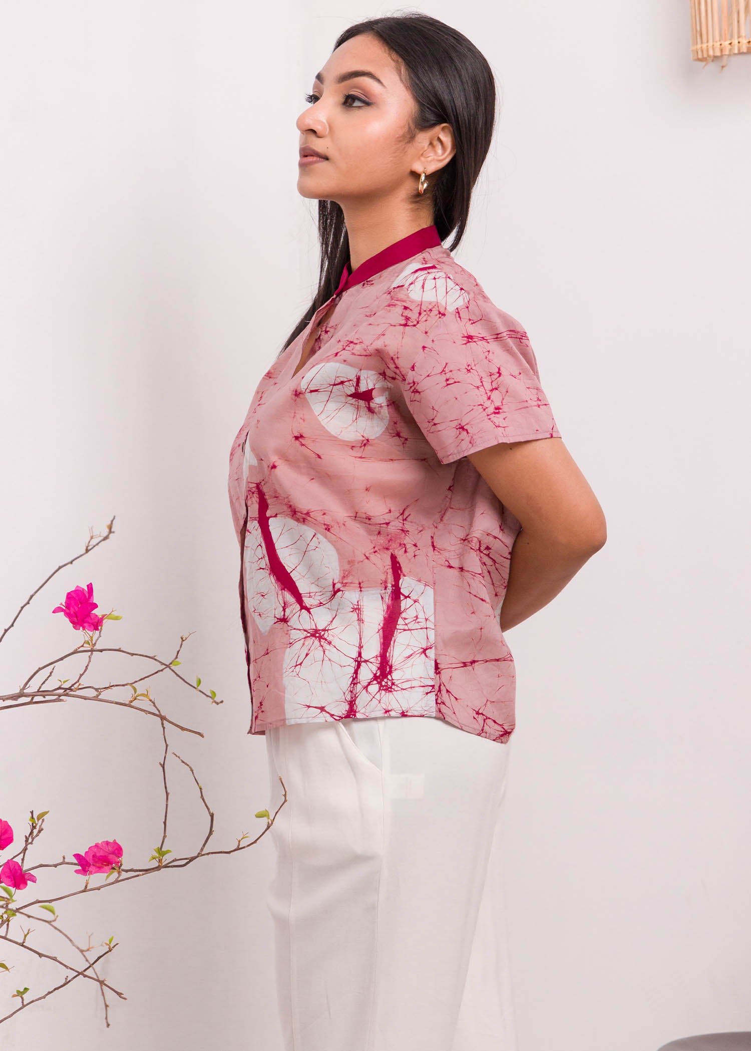 Anthurium Printed Batik Top with Chinese Collar