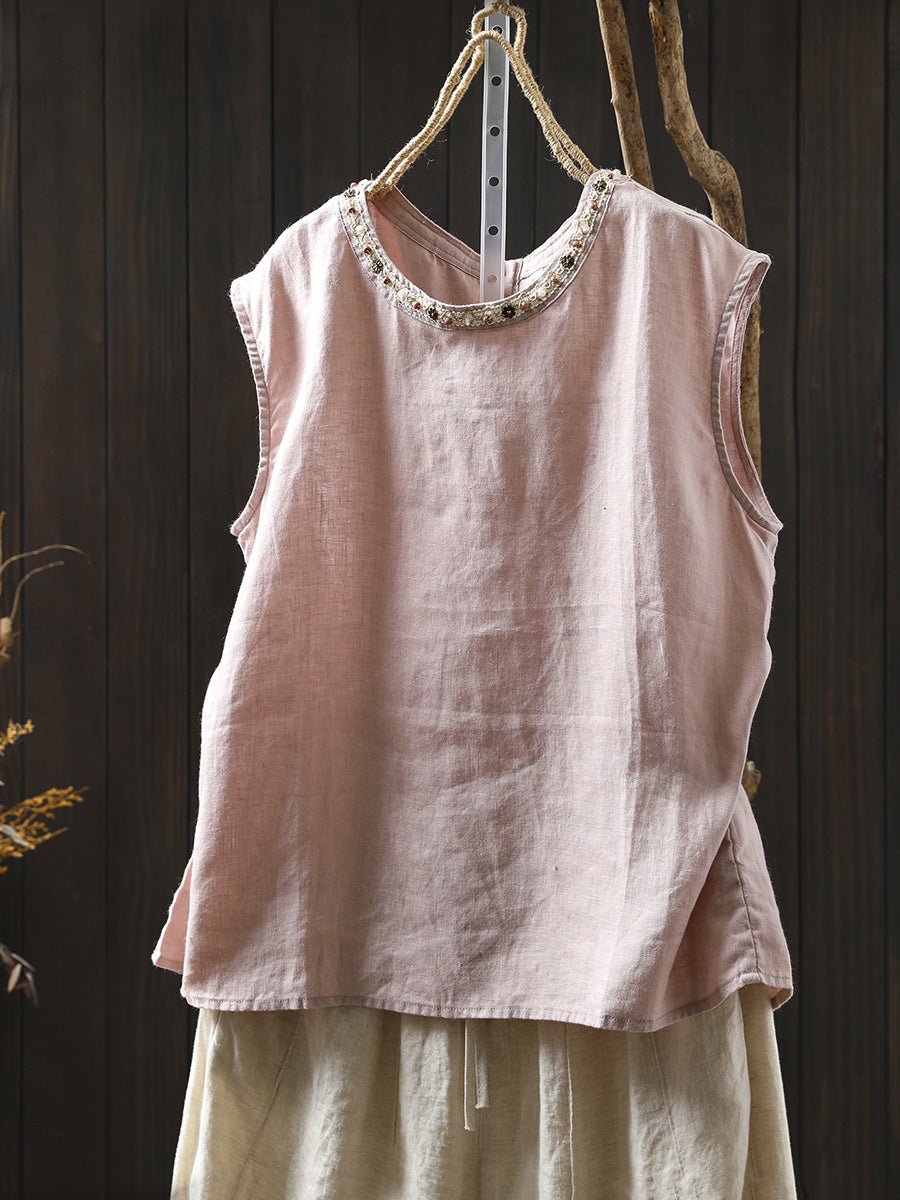 Women Summer Artsy Pure Color 100%Linen Spliced O-Neck Shirt