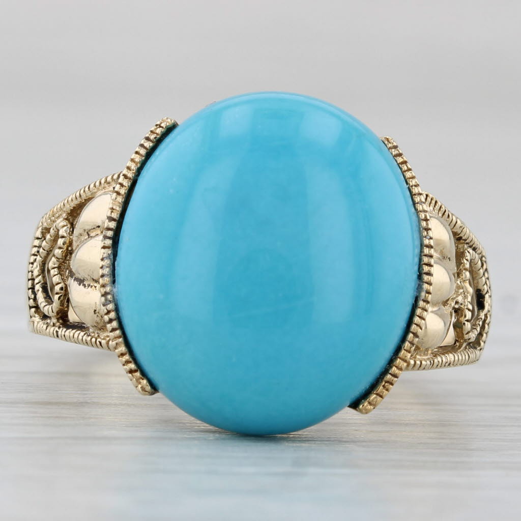 Imitation Turquoise Oval Cabochon Solitaire Ring 10k Gold Heart Accented Size 7