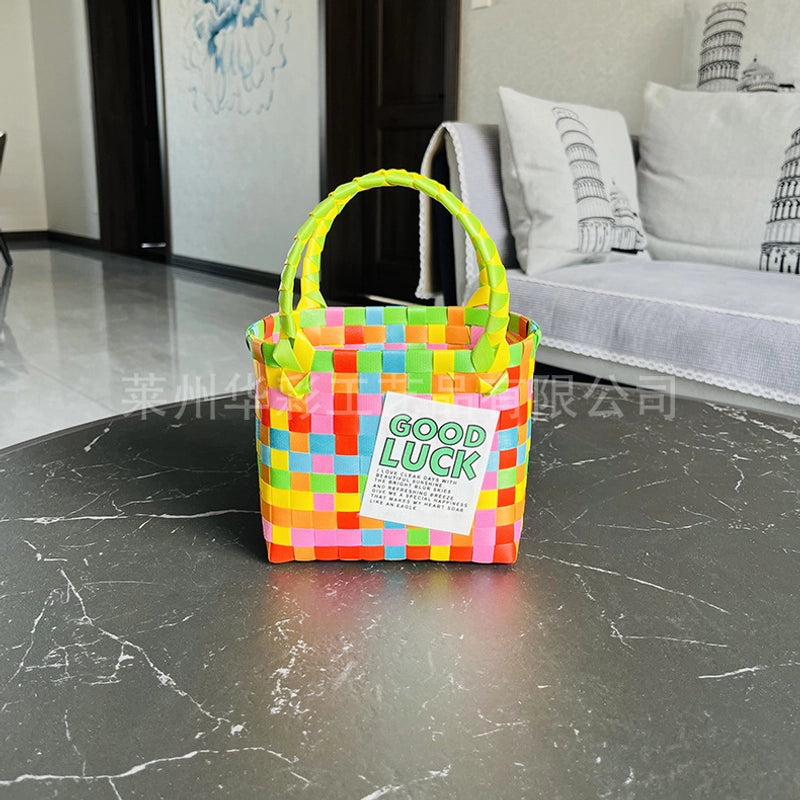 Women's PVC Color Block Plaid Vacation Weave Square Open Square Bag