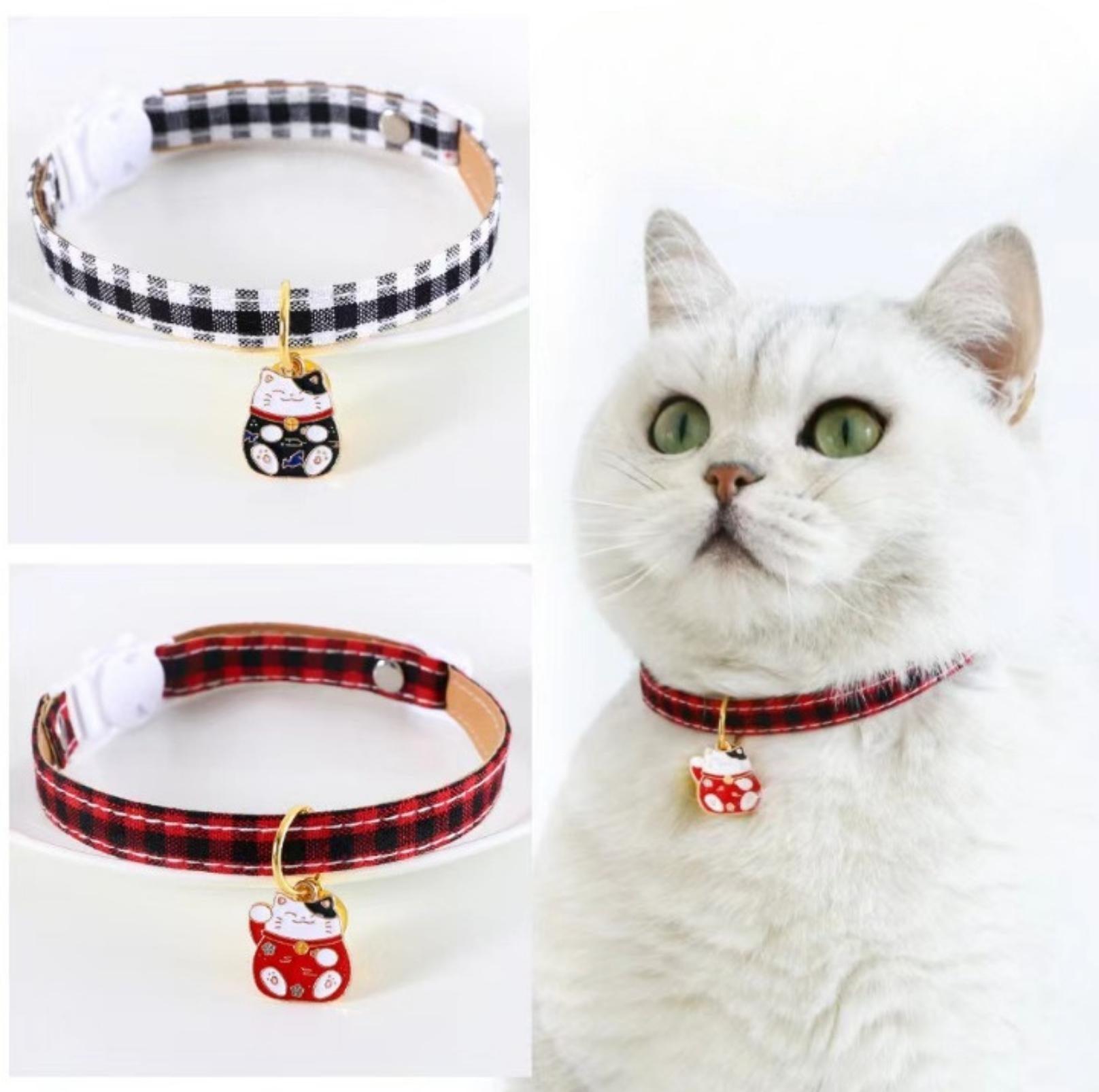 PU Plaid Fortune Cat Pendant Adjustable Pet Collar