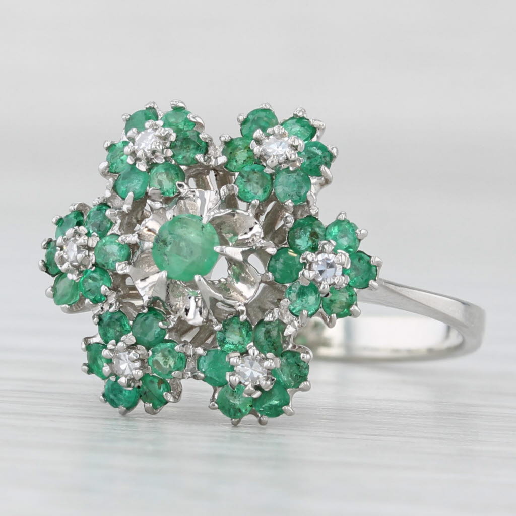 0.74ctw Emerald Diamond Flower Cluster Ring 18k White Gold Size 6.75