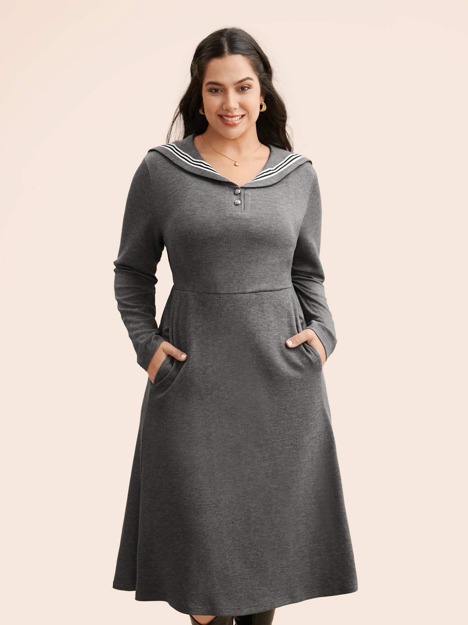 Sailor Collar Contrast Button Up Dress