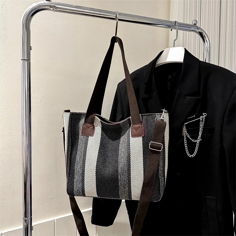 Women's Large Canvas Stripe Vintage Style Square Zipper Crossbody Bag