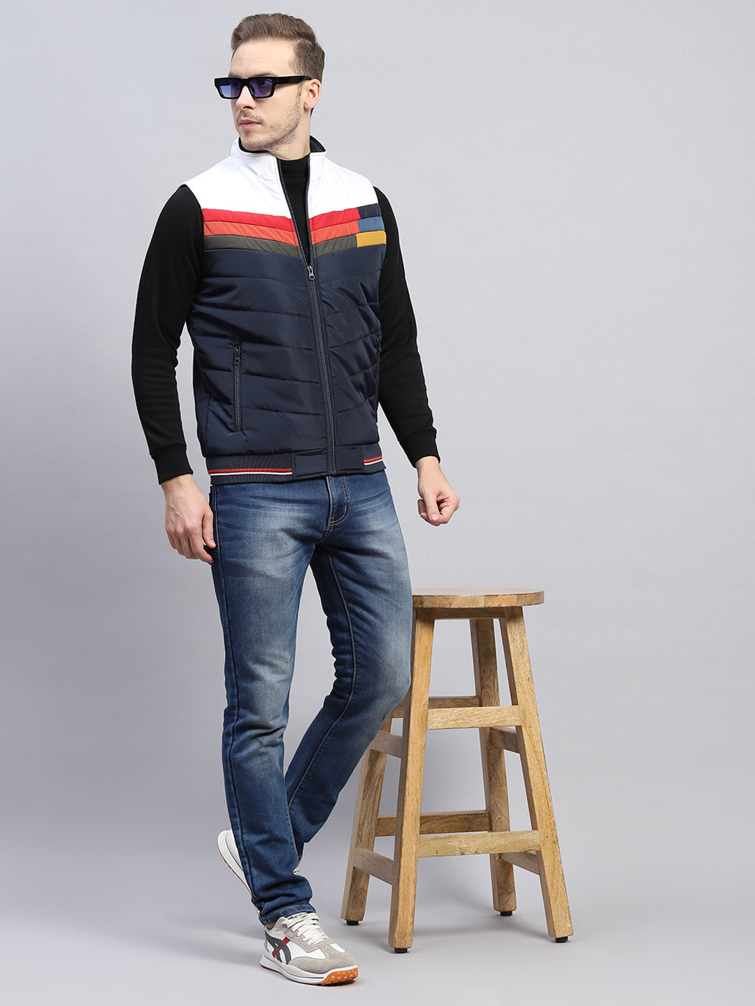 Men Navy Blue Self Design Mock Neck Sleeveless Jacket