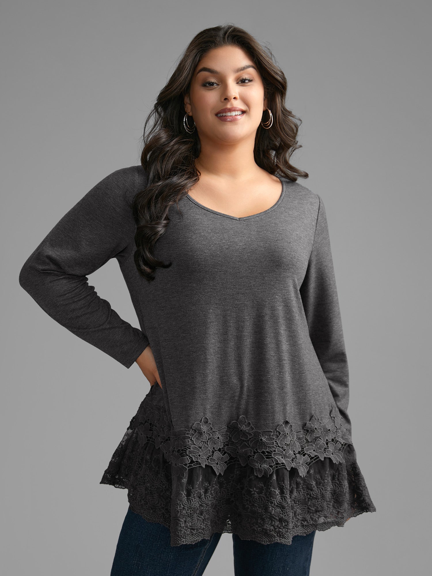 V Neck Lace Panel Jersey Top