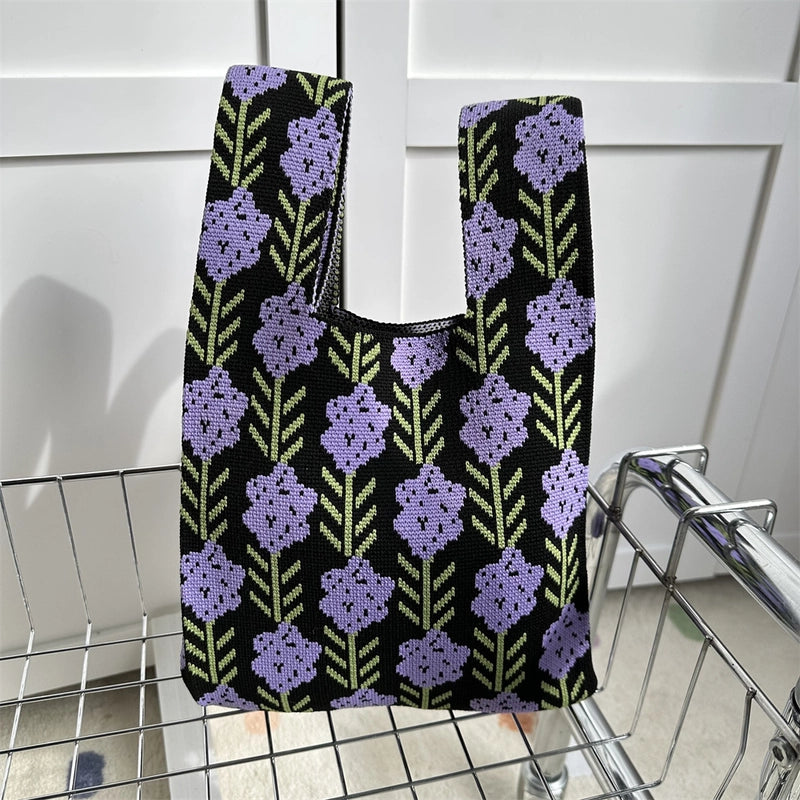Women's Small Knit Printing Lattice Flower Elegant Classic Style Square Open Handbag