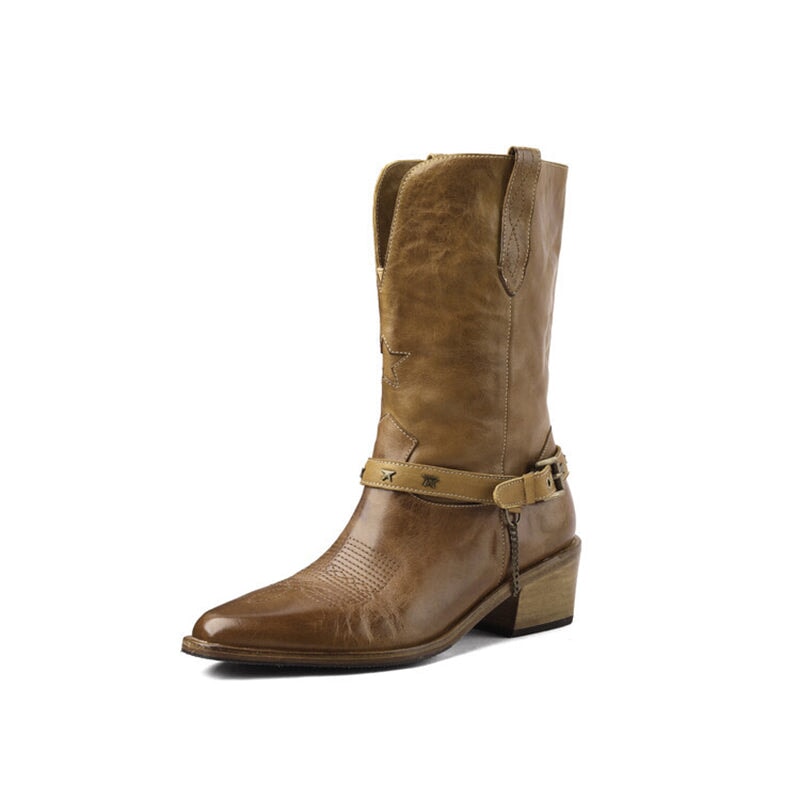 Top Cow Leather Western Boots Mid Calf Boots Block Heel - Khaki/Black Cowgirl Boots